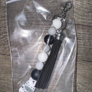 Black and White Beaded Keychain with Tassel